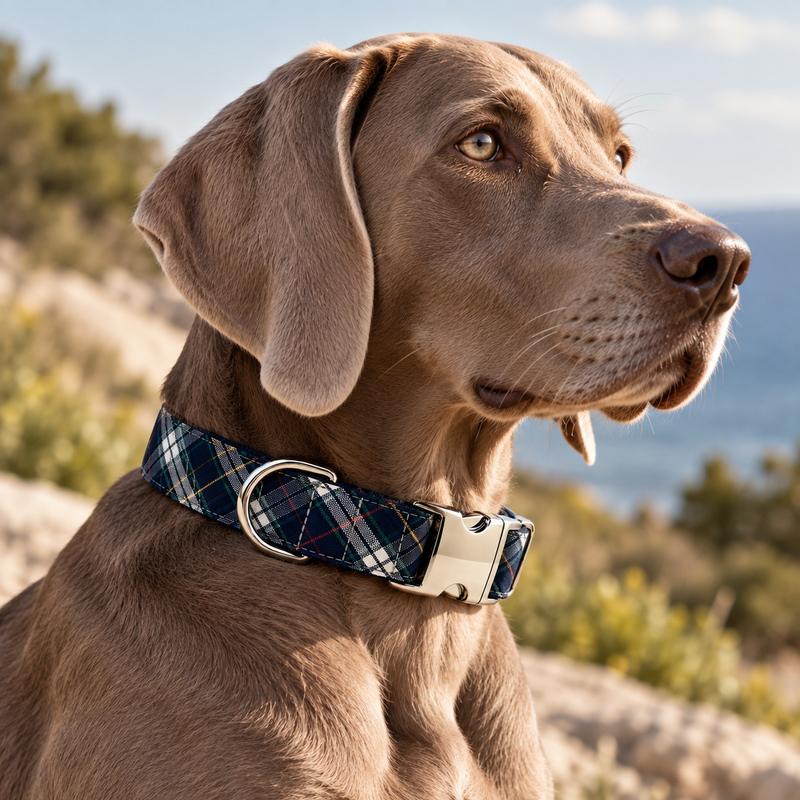 Labrador dorado con collar Tartan Camel de SIRKAWS al atardecer