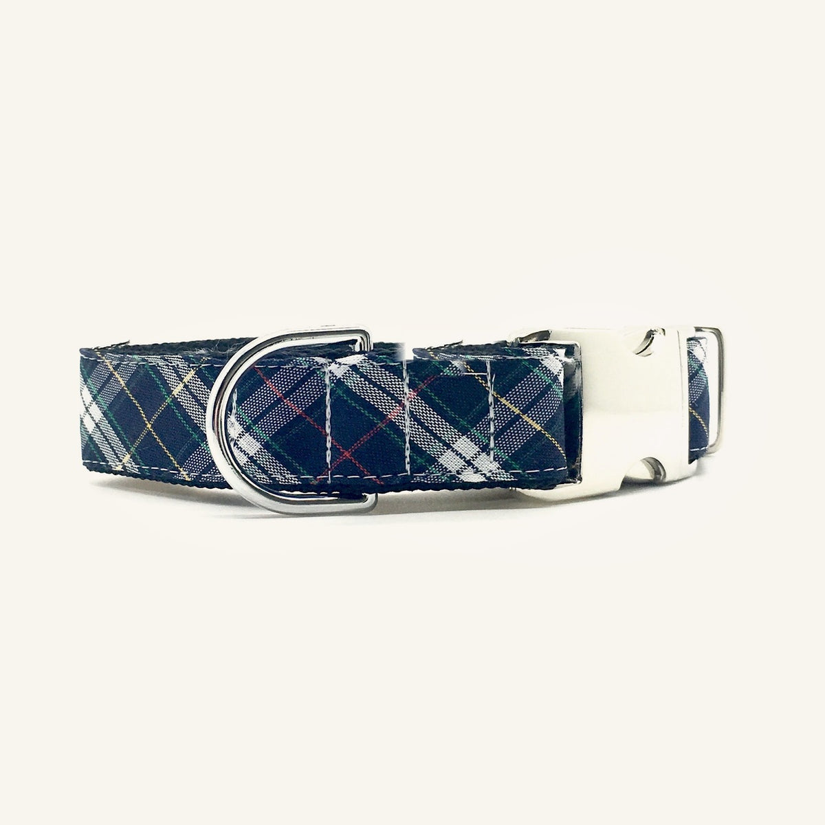 Navy dress tartan dog collar with white check and fine yellow, red and green lines, metal buckle and welded D-ring