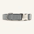 Plain grey dog collar with metal side-release buckle and welded D-ring