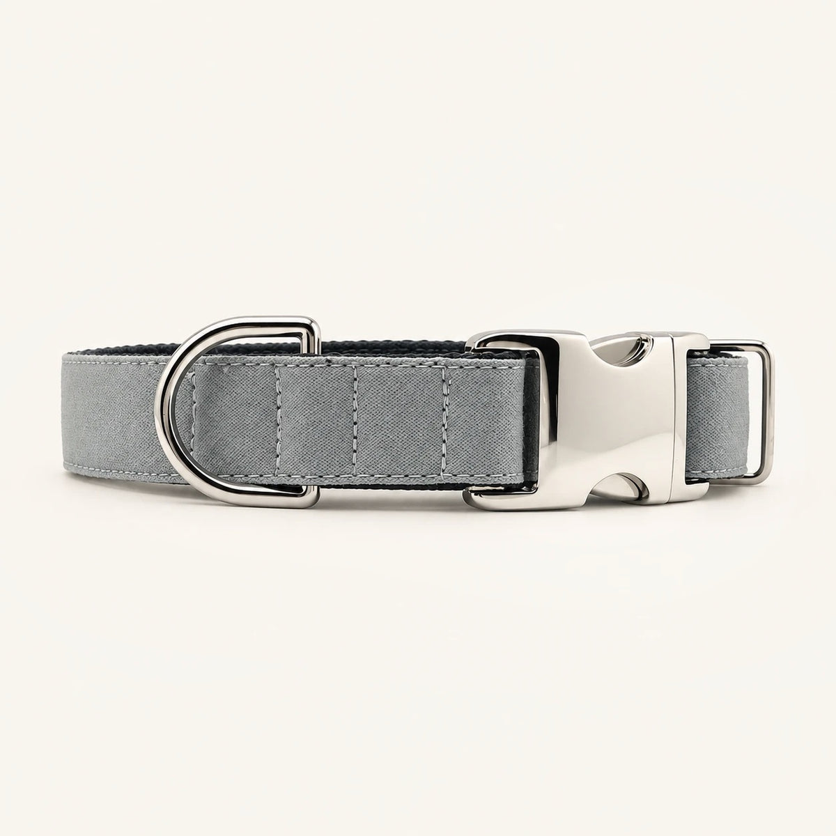Plain grey dog collar with metal side-release buckle and welded D-ring