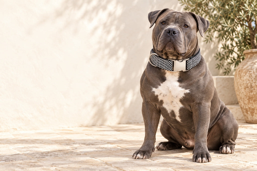 American bully wearing a SIRKAWS houndstooth wide collar