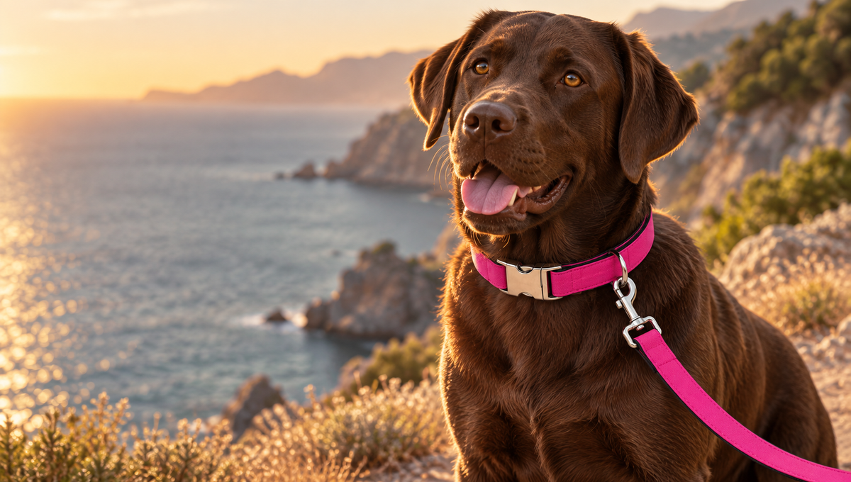 Labrador wearing a SIRKAWS fuchsia collar and matching leash