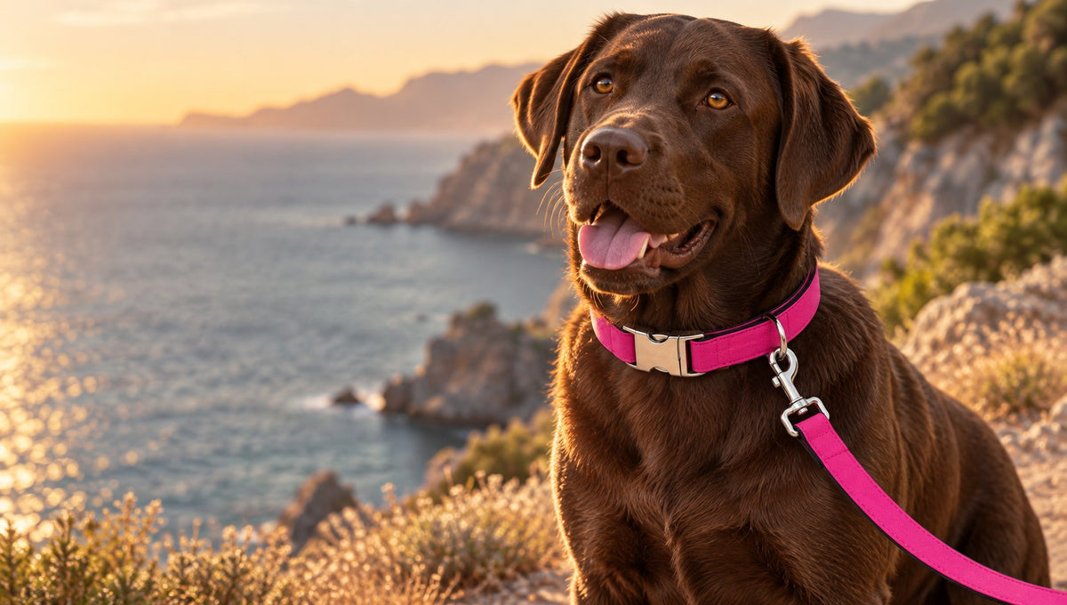 Labrador chocolate con collar y correa Fucsia de SIRKAWS junto al mar