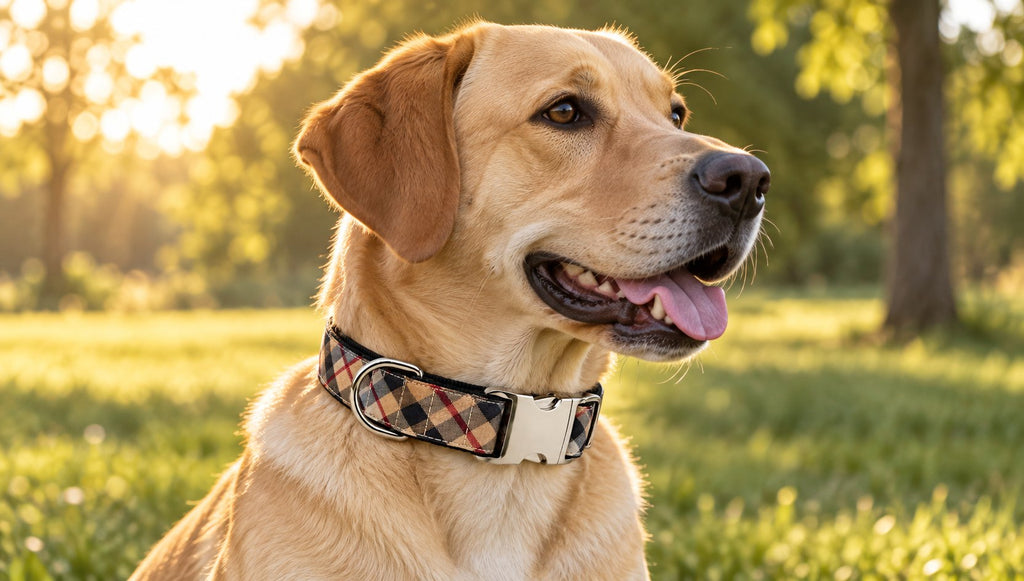 Labrador dorado con collar Tartan Camel de SIRKAWS al atardecer